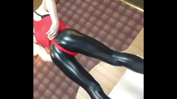 نئی no porn] Shiny Red Leotard and PU Leggings Sissy image clip ( dejavu انرجی ٹیوب